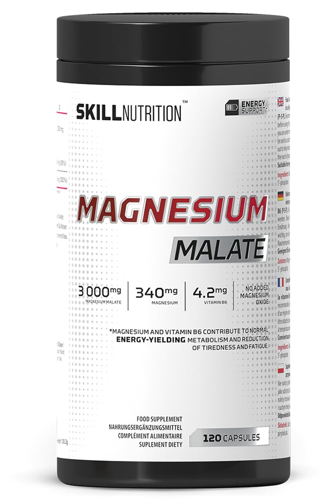 Skill Nutrition Magnesium Malate + Vitamin B6 120 kapsułek | 340 mg magnezu w porcji | 3000 mg jabłczanu magnezu, aktywna B6 P-5-P | Bez tlenku magnezu