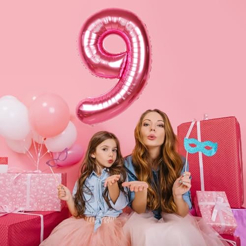 Image of 40 Inch Giant Hot Pink Number Balloon, Mylar Foil Helium Hot Pink Balloons for Birthday Party, Number 9 Balloon for Birthday Decorations, Hot Pink 9 Birthday Balloon