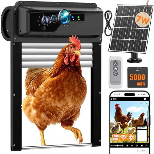 Automatic Chicken Coop Door with Timer and Remote Control, WiFi 1080P Camera Smart Roll-Up Auto Poultry Door, 7W Solar Powered 5000mAh Battery, App Control, Anti-Pinch Safety, Predator Alarm