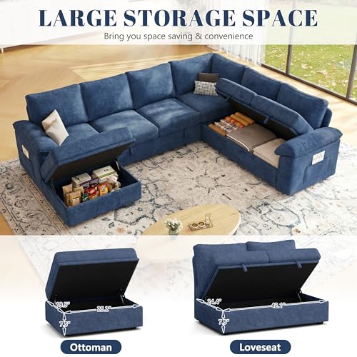 Image of 108 Inch Modular Sectional Sofa with Pull Out Bed,U Shaped 7 Seat Sectional Sleeper Sofa with Storage,Sectional Couches for Living Room,Cloud Modular Couch,Removable Sofa Cover,Blue