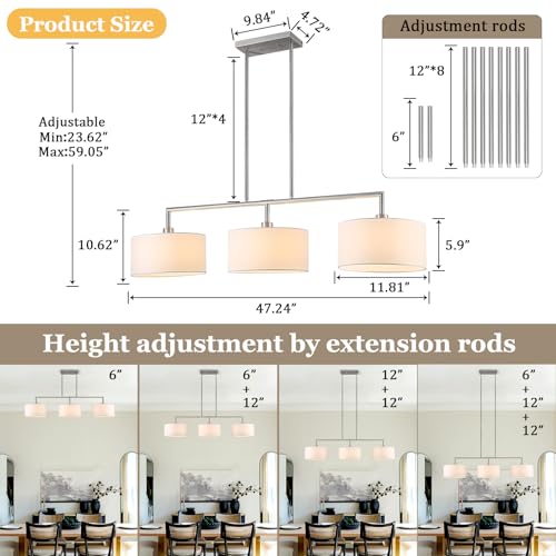 Image of 47 inch Linear Kitchen Island Lighting 3-Light Brushed Nickel Chandelier with White Fabric Drum Shade Adjustable Hanging Pendant Light for Dining Room Light Fixtures Over Table,Kitchen,Bar,Living Room,E26