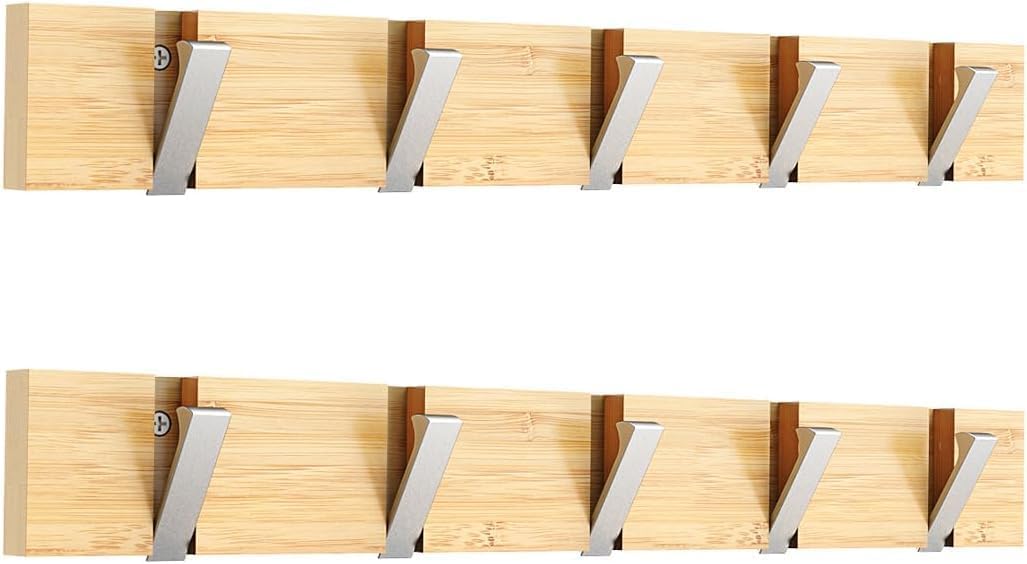 Wall Mounted Coat Rack 5 Hooks Heavy Duty Hat Holder Bamboo Hooks Silver 2PCS