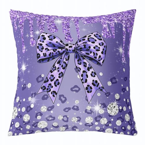 Loussiesd Coquette - Juego de 1 funda de cojín con lazo de 50 x 50 cm, para niños, adolescentes y adultos, con purpurina, color morado, decoración de habitación, con cremallera, para todas las
