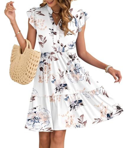 AUSELILY Damen Sommerkleid V-Ausschnitt Kleider Rüschen Ärmel Minikleid Elastische Taille Freizeitkleid mit Taschen Blum...