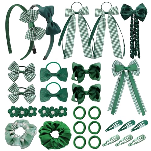 Xerteam 28 Pcs Hair Accessories for Girls Bow Hair Clips Headband Hair Bands Ribbon Ponytail Holder Kids School Hair Accessories Gift Set for Daily Make-up (Green 1)