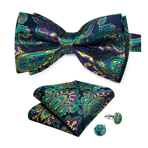 Image of DiBanGu Paisley Pre-Tied Bow Ties for Men Silk Adjustable Bowtie and Pocket Square Cufflinks for Wedding Party