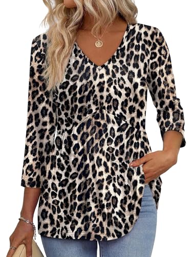 Image of OFEEFAN 3 /4 Length Sleeve Womens Tops 2026 Blouses for Women Dressy Casual Fashion Clothing V Neck Babydoll Tops Fall Outfits