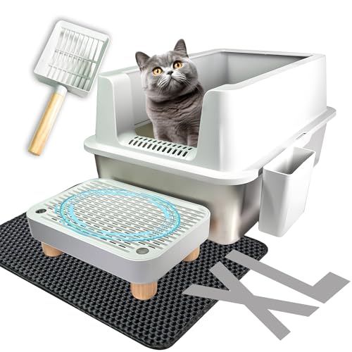 Caja de arena para gatos de acero inoxidable cerrada con tapa, caja de arena extra grande para gatos grandes, bandeja de arena de metal XL con recinto de pared alta, fácil limpieza, antifugas,