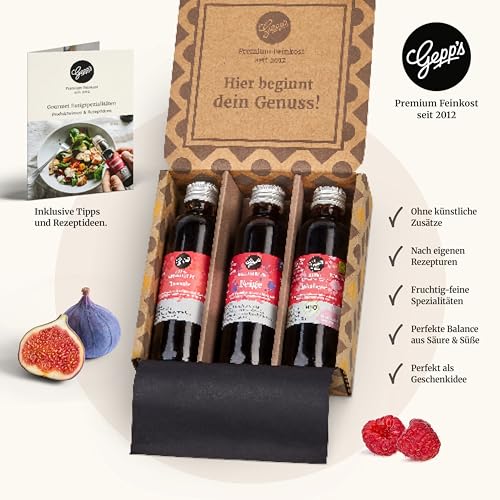 Gepp’s Feinkost 3er Mini Essig Set I Essig Geschenkset für Genießer I Tomaten Balsam, Feigen Balsam & Bio-Himbeeressig I Essig Geschenkbox I Ideal für Salate, Käse & mehr