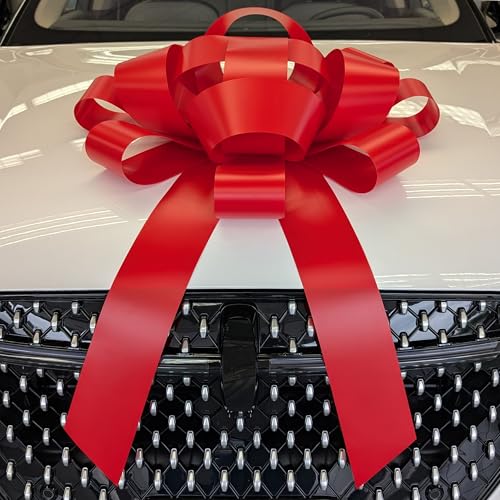 Image of CarBowz Big Car Bow for Car Decorations and Birthday Car Gifts, Large Bow Ribbon, Magnet, Car Safe Sticker Included, Fully Assembled 30 inch Wide Huge Bow, No Suction Cup Needed (Red)