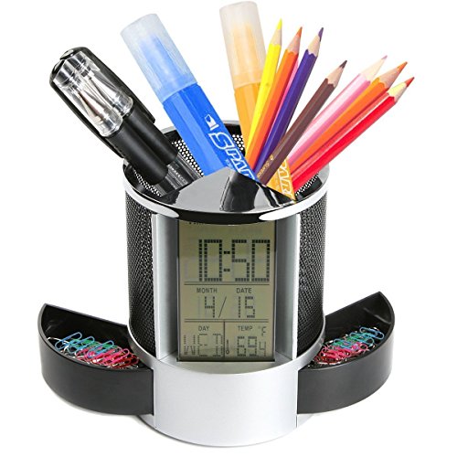 AlleTechPlus Multifunctional Pen Holder Pencil Container Digital LED Desk Clock Mesh with Calendar