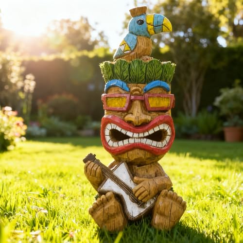Solar Tiki Statue Decor-Outdoor Statues-Funny Guitar - Tiki Bird Tiki Bar Decorations 11.69 inch Tall for Outdoor Patio, Balcony, Yard, Backyard,Lawn,Tiki Gifts