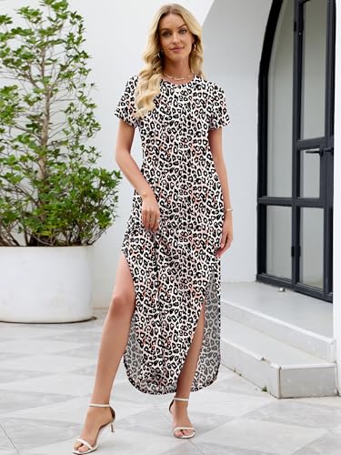Image of Heymoments Womens Summer Maxi Dress Short Sleeve Casual Loose Long T Shirt Split Vacation Beach Sundress with Pockets