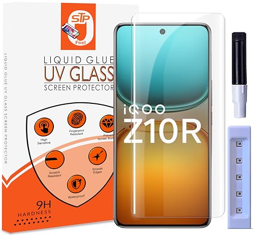 Image of UV Premium Tempered Glass Screen Protector Guard Compatible For IQOO Z10R 5G (6.77 Inch, Pack of 1) Full Adhesive UV Curved Case Friendly HD Clarity with easy installation kit
