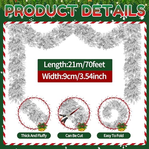 Image of 70 Ft Christmas Tinsel Garland Metallic Tinsel Twist Garland Glitter Christmas Tree Hanging Decorations for New Year Party Birthday Holiday Indoor Outdoor Supplies