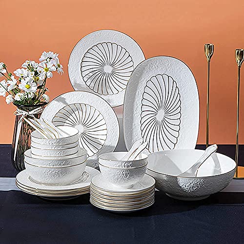 ラグジュアリーボーンチャイナ食器セット、高級中国プレートとボウルセット、プノンペンエンボス+花柄プリント磁器、ハイエンドギフトボックス、8人用、ブルー