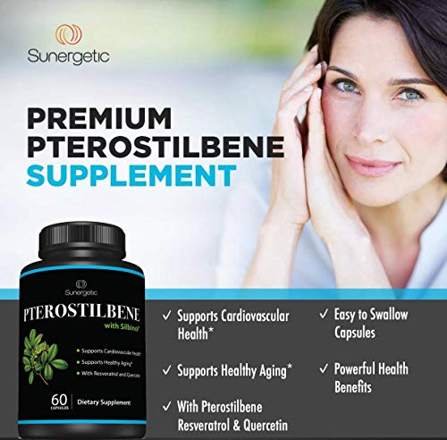 Image of Premium Pterostilbene Supplement - Pterostilbene with Resveratrol & Quercetin - Supports Healthy Aging - Natural Source Pterostilbene 100mg per Serving - 60 Capsules