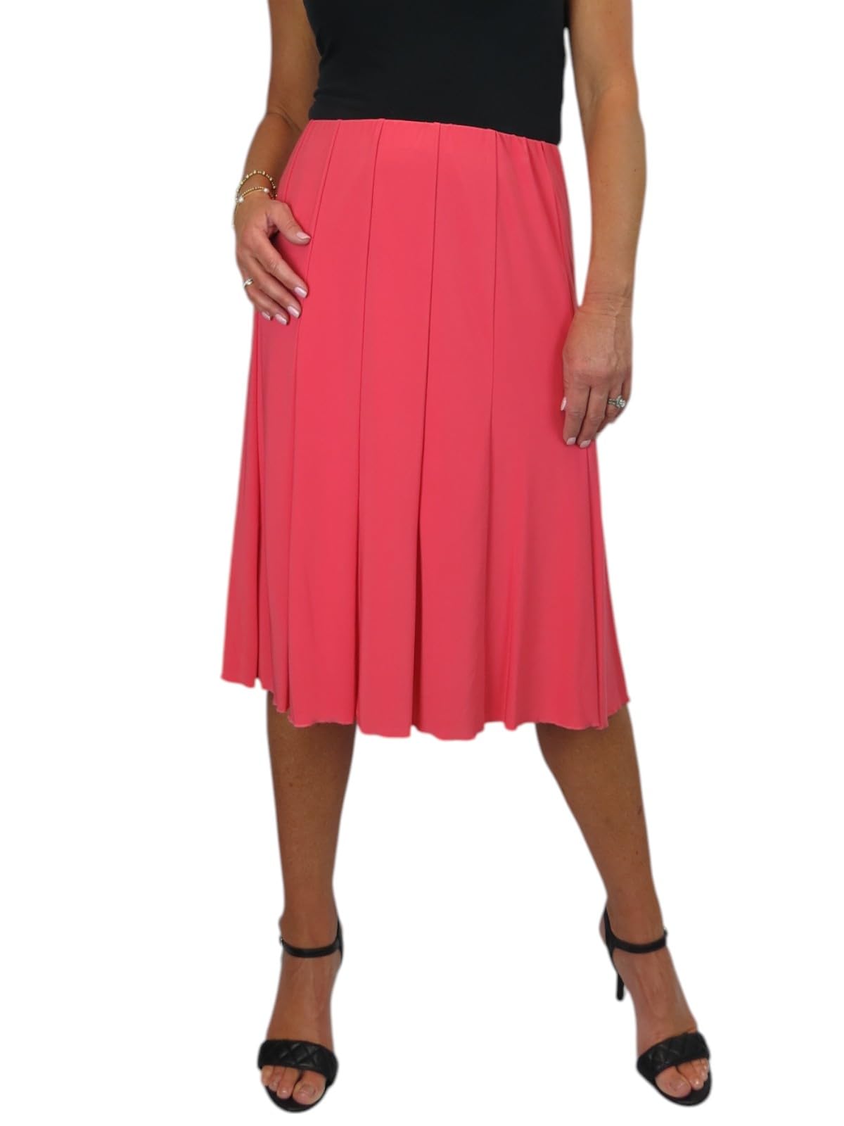 icecoolfashion Women's Below Knee Midi Swing Flare Skirt Ladies Soft Stretch Sheen Fully Lined Panel Skirt Coral Orange 8-22 (XL)