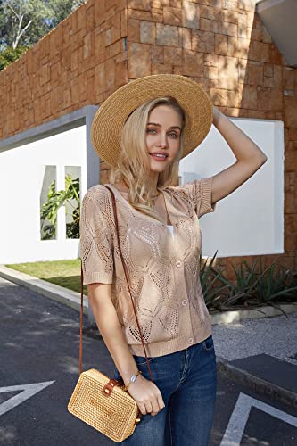 Women's Short Sleeve Cropped Sweater Cardigan Button Down Knitted Tops Khaki M #TOP3