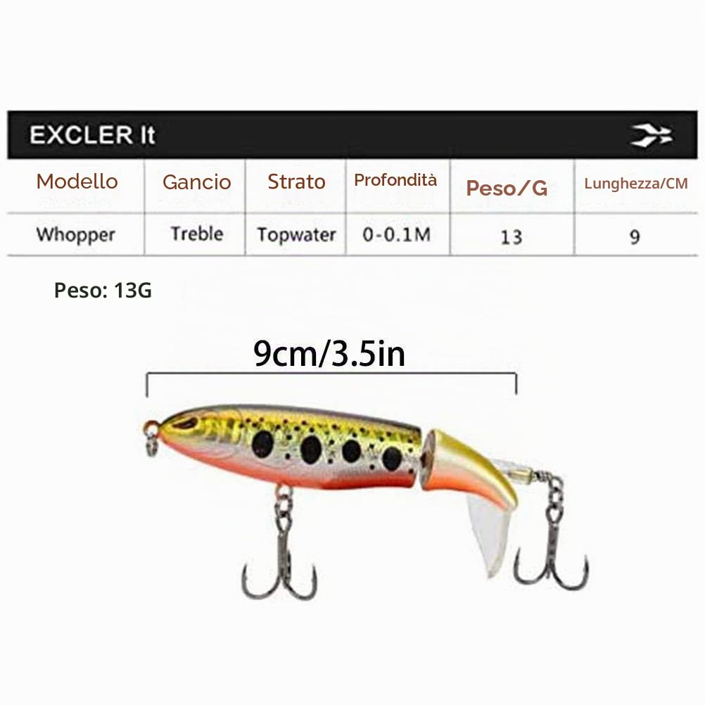 Set di esche da pesca Topwater, 6 pezzi, in plastica Whopper galleggiante con coda rotante per pesca con esche rigide per acqua dolce e salata