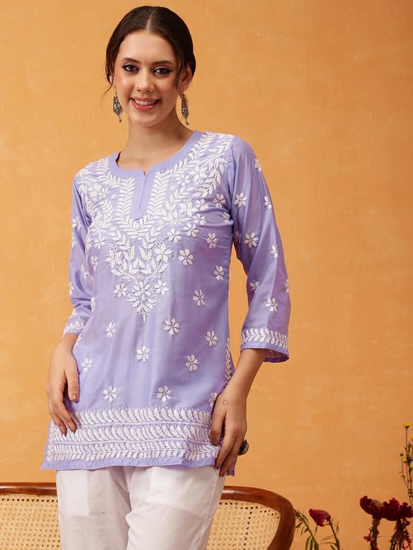 Image of Ada Women's Muslin Straight Fit Tunic Hand Embroidered Lucknowi Chikankari Straight Top Short Kurti A911420