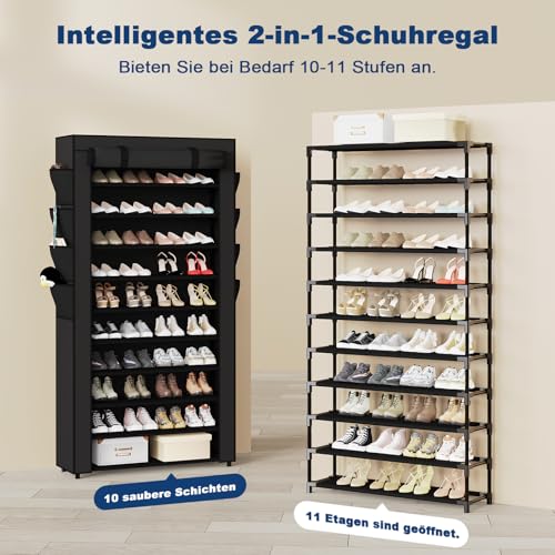 Mavivegue Schuhregal 11 Ebenen, Schuhschrank Hoch für 50 Paar Schuhe, Schuhaufbewahrung mit staubdichtem Überzug, Schuhaufbewahrung Stoff, Schuh-Organizer Metallgestell, für Flur, Wohnzimmer