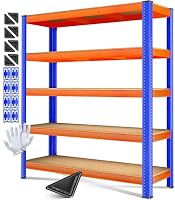 MASKO Scaffalatura per carichi pesanti, 180 x 160 x 60 cm, portata 1500 kg, 5 ripiani regolabili, pannelli MDF in metallo, scaffalatura da officina, telaio in acciaio, per garage, blu/arancione
