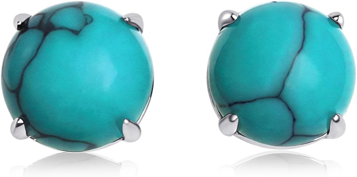 Genuine Turquoise Stud Earring for Women S925 Sterling Silver Round Turquoise Earrings Jewelry Gift for Mother’s Day