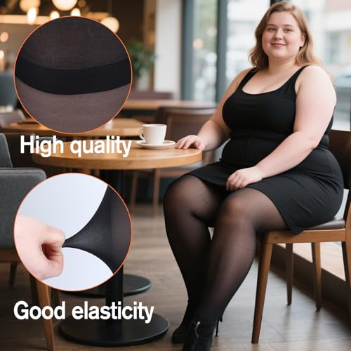 Image of Piriuuo 2 Pairs Plus Size Sheer Tights for Women, Plus Size Stockings 20D Control Top Pantyhose with Reinforced Toes Ultra Thin High Waist Black Pantyhose Stockings
