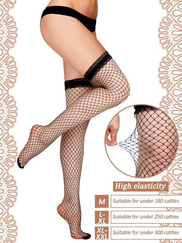 Image of Fourluoo 10 Pairs Silk Fishnet Thigh High Stockings Women Lace Top Sheer over Knee Stocking for Halloween