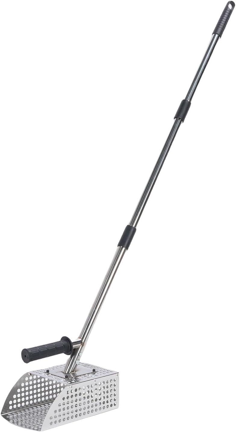 Metal Detecting Sand Scoop, Heavy Duty Stainless Steel Sand Sifter Shovel with Long Handle and Non Slip Grip, for Beach Underwater Treasure and Gold Prospecting