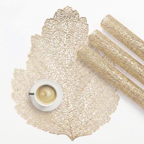 Image of Kuber Industries 4 Pcs Set Leather Side Table Mats | Washable Placemat /Dining Table Mat for Wedding and Family Functions | Patta Design - Golden
