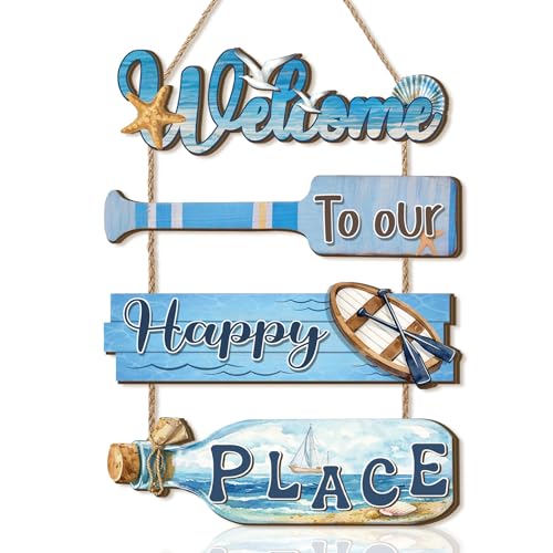 Image of KAIRNE Nautical Welcome Beach Starfish Bottle Hanging Front Door Sign Decor