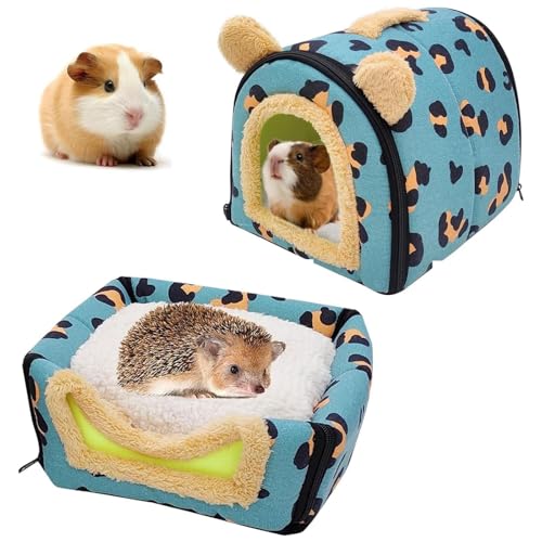 Tkxjry Meerschweinchen Betthöhle, mit Abnehmbarem Reißverschluss Meerschweinchen Haus, Warmes Hamsterhaus, 35*29*29cm Kleintierbett, Für Zwergkaninchen, Chinchilla, Hamster(Blauer Leopardenmuster) (S)