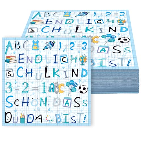 40 Stück Servietten Einschulung Papierservietten Kinder Bunte Schulkind Servietten für Mädchen und Jungen 33x33 cm Perfekte Deko für den Schulanfang