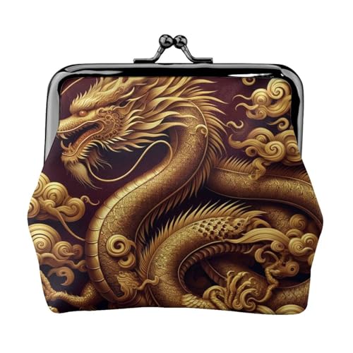 Pu Leather Buckle Coin Purse Golden-Dragon Girls Kiss-Lock Change Purse Wallets