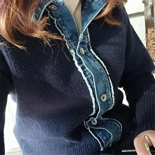 Womens Fashion Sweater Jacket Denim Patchwork Knitted Cardigan Turn-Down Collar Single Breasted Knit Coat4