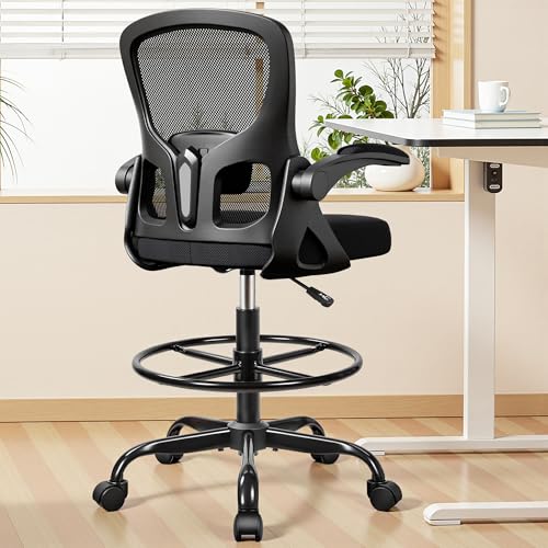 Image of Drafting Chair Tall Office Chair for Standing Desk - Ergonomic Computer Work Stool with Flip-up Arms, Foot Ring & Adjustable Lumbar Support. Ideal for Studio, Artist, Engineer, & Study (Black)