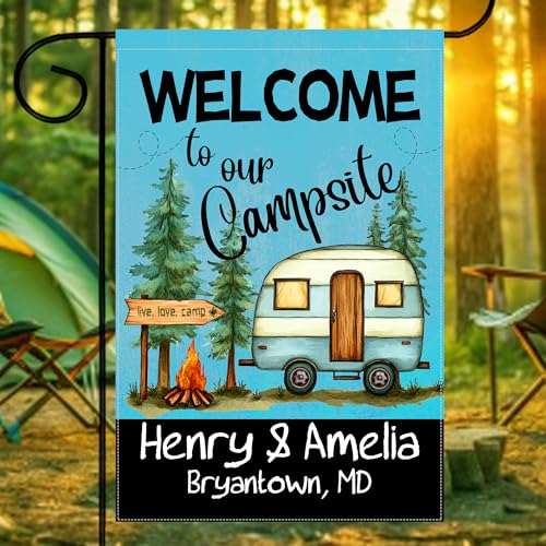 Custom Camper Garden Flag for Campsites Personalized Family Name Welcome to Our Campsite Flag RV Camping Party Yard Patio Decorative Flags Decor