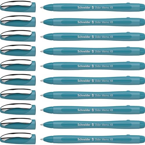 Schneider Slider Memo XB Kugelschreiber (Colour Edition mit Kappe, Strichstärke: XB) 10er Pack, Gehäusefarbe: teal, Schreibfarbe: blau