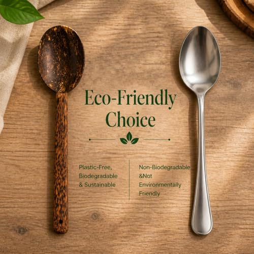 Image of Thenga Natural Handmade Coconut Shell Serving Spoon | Eco-Friendly Wooden Spoons for Kitchen & Dining | Handcrafted Rustic Utensils for Salad, Rice, Snacks & More | Food-Safe Finish (Set of 4, Brown)