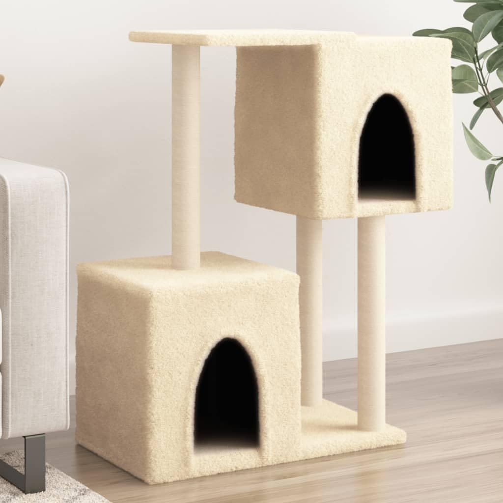 Kratzbaum mit Sisal-Kratzsäulen 86 cm hoch, Katzenbaum mit 2 Katzenhöhlen und Aussichtsplattformen, Stabiler Kletterbaum für Hauskatzen, Katzenmöbel aus Plüsch und Sisal, Creme