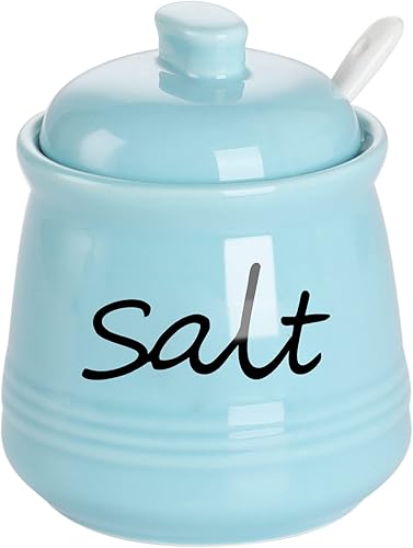 ONTUBE Tazón de sal de cerámica con tapa y cuchara 12oz (turquesa) Turquesa,Beige,Negro -,marino,Blanco