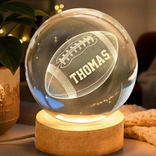 Image of Football Senior Night Gifts - Personalized American Football Crystal Ball Night Light, Custom Engraved LED Lamp with Name, Sports Fan Gift, Kids Teens Room Decor