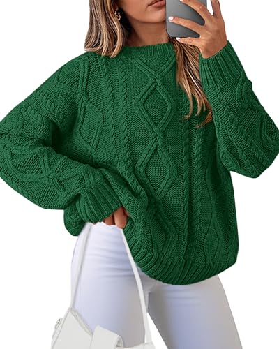 BTFBM Casual Women Long Sleeve Sweater 2025 Fall Ribbed Knit Pullover Loose Crewneck Cable Sweater Jumper Tops(Dark Green Large)