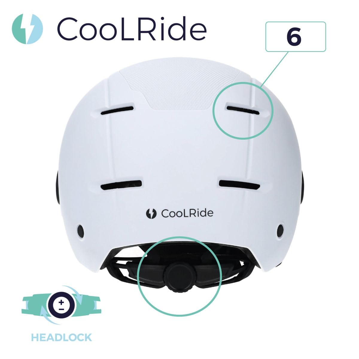 CoolRide - Casco urbano de moda con visera ajustable y headlock de 55-58 cm, color blanco, 6 ventilaciones, carcasa ABS resistente, certificado CE en 1078, confort óptimo, para bicicleta, patinete