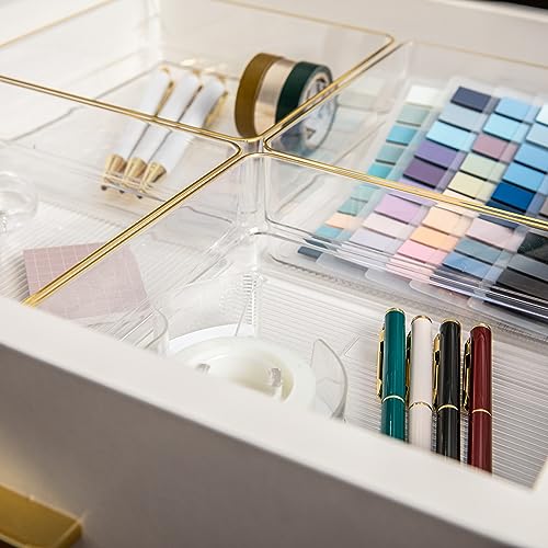 Image of Martha Stewart Kerry Plastic Stackable Office Desk Drawer Organizers, 6 inch x 6 inch, 4 Pack, with Gold Trim