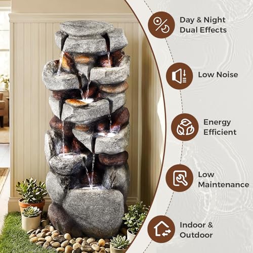 Image of Jocoevol 40 inch H Outdoor Water Fountain, 7-Tiers Cascading Rock Waterfall
