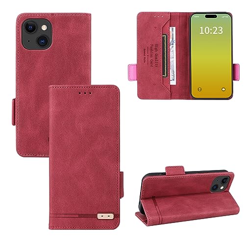Étui portefeuille iPhone 15 Pro en cuir PU rouge avec porte-cartes et coque antichoc TPU