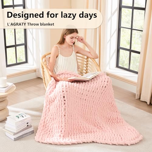 Image of L'AGRATY Chunky Knit Throw Blanket for Couch, 40'' x 50'' Knit Throw, Pink